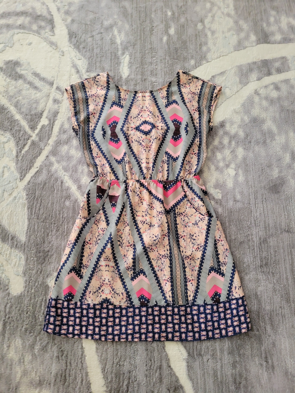 Xhilaration Pink and Navy Printed Cap Sleeve Dress Size M